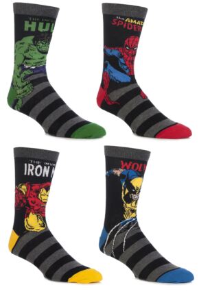 MENS 4 PAIR SOCKSHOP MARVEL COMICS MIX HULK, SPIDER-MAN, IRON MAN & WOLVERINE SOCKS