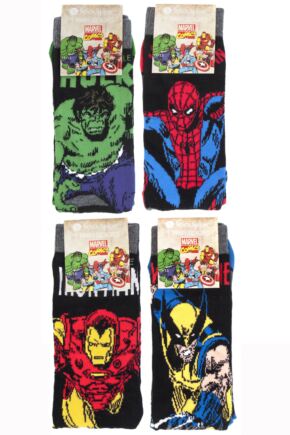 Kids 4 Pair SockShop Marvel Comics Mix Hulk, Spider-Man, Iron Man and Wolverine Socks
