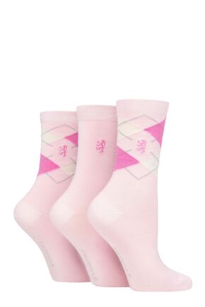 Ladies 3 Pair Pringle Black Label Argyle Bamboo Socks Pink 4-8 Ladies