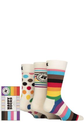 Mens and Ladies 3 Pair Happy Socks Pride Gift Boxed Socks White 4-7 Unisex