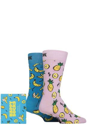 Mens and Ladies 2 Pair Happy Socks Fruits Gift Boxed Socks Turquoise 4-7 Unisex