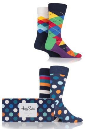 Mens and Ladies 4 Pair Happy Socks Bright Mix Combed Cotton Socks In Gift Box
