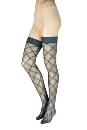 Ladies 1 Pair Trasparenze Phuket Lurex Sparkle Diamond Check Hold Ups Grey Small / Medium