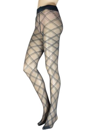 Ladies 1 Pair Trasparenze Phuket Lurex Sparkle Diamond Check Tights Grey Small