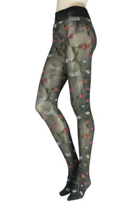 Ladies 1 Pair Trasparenze Platino Floral Knit Opaque Tights Green Small