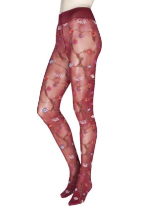 Ladies 1 Pair Trasparenze Platino Floral Knit Opaque Tights Red Small