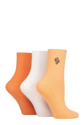 Ladies 3 Pair SOCKSHOP Wildfeet Embroidered Ribbed Socks Orange Cactus 4-8