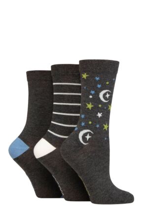 Ladies 3 Pair SOCKSHOP Patterned Plain and Striped Bamboo Socks Celestial Patterned 4-8