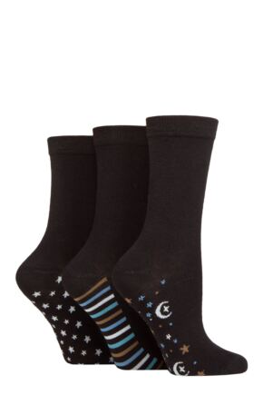 Ladies 3 Pair SOCKSHOP Patterned Plain and Striped Bamboo Socks Patterned Sole Celestial 4-8