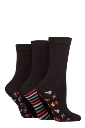 Ladies 3 Pair SOCKSHOP Patterned Plain and Striped Bamboo Socks