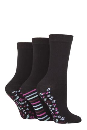 Ladies 3 Pair SOCKSHOP Patterned Plain and Striped Bamboo Socks Black Floral 4-8 Ladies