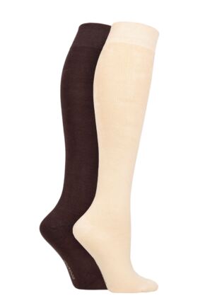 Ladies 2 Pair SOCKSHOP Plain and Patterned Bamboo Knee High Socks with Smooth Toe Seams Cocoa