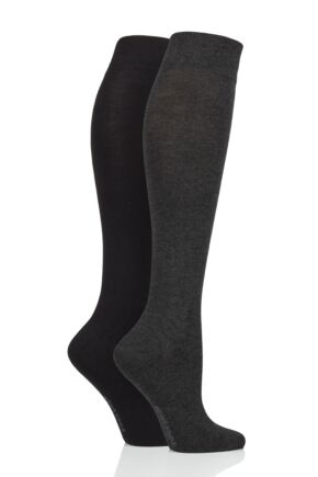 Ladies 2 Pair SOCKSHOP Plain and Patterned Bamboo Knee High Socks with Smooth Toe Seams Grey