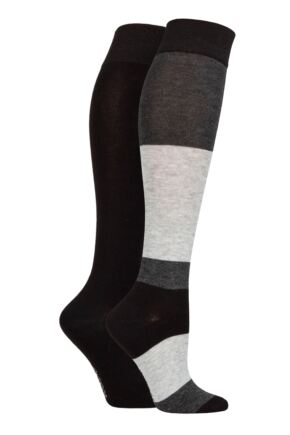 Ladies 2 Pair SOCKSHOP Plain and Patterned Bamboo Knee High Socks with Smooth Toe Seams Charcoal 4-8 Ladies