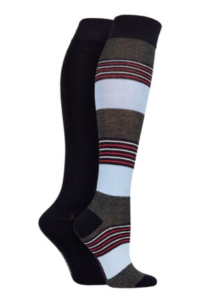 Ladies 2 Pair SOCKSHOP Plain and Patterned Bamboo Knee High Socks with Smooth Toe Seams Nautical Navy 4-8 Ladies