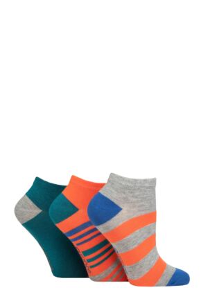 Ladies 3 Pair SOCKSHOP Striped, Plain, Ribbed and Mesh Bamboo Trainer Socks Mandarin Striped 4-8