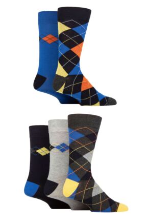 Mens 5 Pair SOCKSHOP Plain, Striped and Patterned Bamboo Socks Argyle Navy Bright  7-11