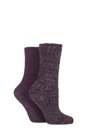 Ladies 2 Pair SOCKSHOP Cosy Slipper Socks with Grip Beetroot 4-8 Ladies