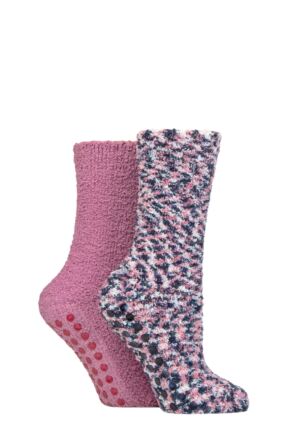 Ladies 2 Pair SOCKSHOP Cosy Slipper Socks with Grip Smokey Pink 4-8