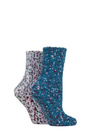 Ladies 2 Pair SOCKSHOP Popcorn Feather Slipper Socks with Grip Petrol Blue / Light Blue 4-8 Ladies