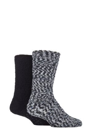 Men's 2 Pair SOCKSHOP Cosy Slipper Socks with Grip Grey / Black 7-11 Mens