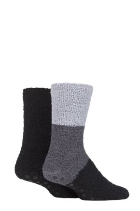 Men's 2 Pair SOCKSHOP Stripe & Plain Cosy Slipper Socks with Grip