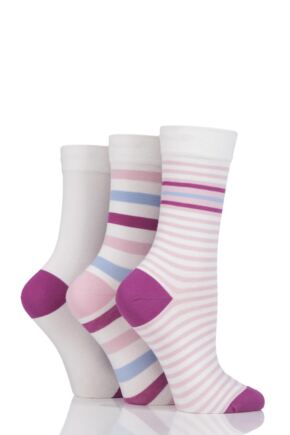 Ladies 3 Pair SOCKSHOP Gentle Bamboo Socks with Smooth Toe Seams in Plains and Stripes Flamingo 4-8