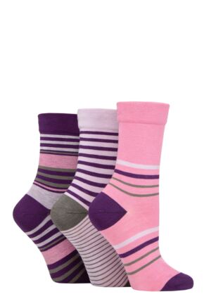 Ladies 3 Pair SOCKSHOP Gentle Bamboo Socks with Smooth Toe Seams in Plains and Stripes Royal Purple 4-8