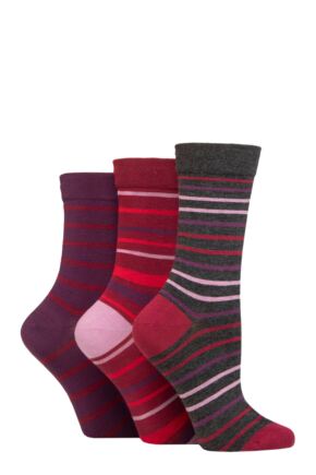 Ladies 3 Pair SOCKSHOP Gentle Bamboo Socks with Smooth Toe Seams in Plains and Stripes Cabernet 4-8