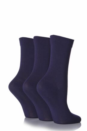 Ladies 3 Pair SOCKSHOP Gentle Bamboo Socks with Smooth Toe Seams in Plains and Stripes Navy 7-11 Ladies