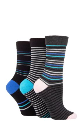 Ladies 3 Pair SOCKSHOP Gentle Bamboo Socks with Smooth Toe Seams in Plains and Stripes Black / Grey Stripe 4-8