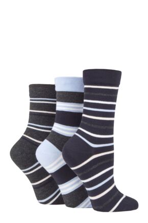 Ladies 3 Pair SOCKSHOP Gentle Bamboo Socks with Smooth Toe Seams in Plains and Stripes Blue Stripes 4-8