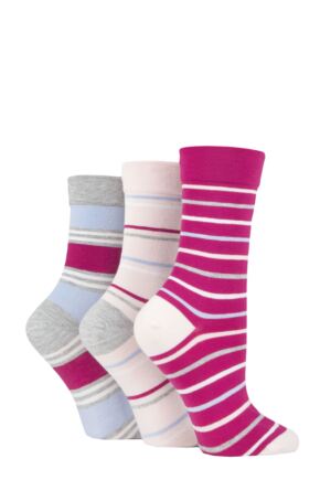 Ladies 3 Pair SOCKSHOP Gentle Bamboo Socks with Smooth Toe Seams in Plains and Stripes Pink Stripes 4-8