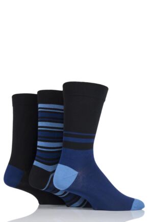 Mens 3 Pair SOCKSHOP Comfort Cuff Gentle Bamboo Striped Socks with Smooth Toe Seams Black / Blue 7-11