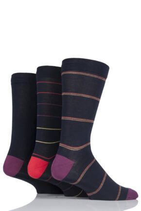 Mens 3 Pair SOCKSHOP Comfort Cuff Gentle Bamboo Striped Socks with Smooth Toe Seams Navy / Red 7-11