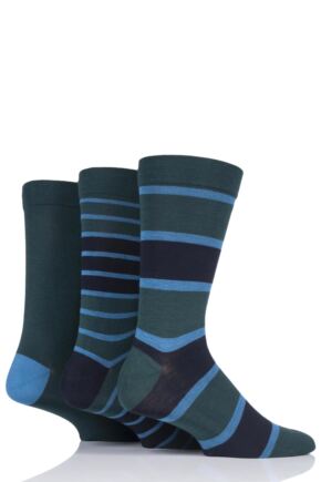 Mens 3 Pair SOCKSHOP Comfort Cuff Gentle Bamboo Striped Socks with Smooth Toe Seams Navy / Green 7-11 Mens
