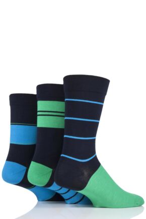 Mens 3 Pair SOCKSHOP Comfort Cuff Gentle Bamboo Striped Socks with Smooth Toe Seams Azurite 7-11