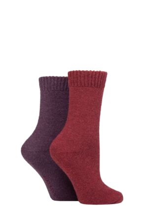 Ladies 2 Pair SOCKSHOP Wool Mix Striped and Plain Boot Socks Cabernet Plain 4-8