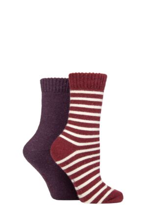 Ladies 2 Pair SOCKSHOP Wool Mix Striped and Plain Boot Socks Cabernet Striped 4-8