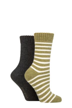 Ladies 2 Pair SOCKSHOP Wool Mix Striped and Plain Boot Socks Spanish Moss Striped 4-8