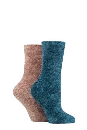 Ladies 2 Pair SOCKSHOP Chenille Boot Socks Blue Coral 4-8