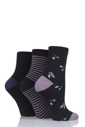 Ladies 3 Pair SOCKSHOP Velvet Soft Floral Stripe and Plain Socks