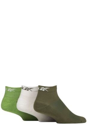Mens and Ladies 3 Pair Reebok Essentials Cotton Ankle Socks with Arch Support and Mesh Top Green / White / Lime 6.5-8 UK