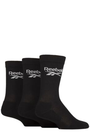 Mens and Ladies 3 Pair Reebok Core Ribbed Cotton Crew Socks Black 11-12.5 UK