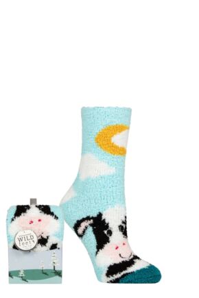 Ladies 1 Pair SOCKSHOP Wildfeet Gift Boxed Fluffy Slipper Socks Cow 4-8