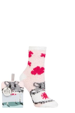 Ladies 1 Pair SOCKSHOP Wildfeet Gift Boxed Fluffy Slipper Socks Mouse in a Tea Cup 4-8 Ladies