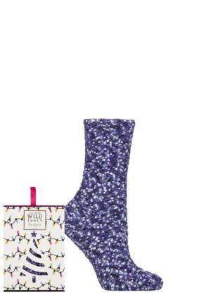 Ladies 1 Pair SOCKSHOP Wildfeet Christmas Gift Boxed Popcorn Bed Socks Purple 4-8