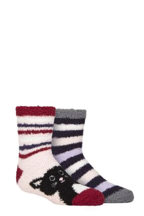 Kids 2 Pair SOCKSHOP Wildfeet Cosy Lounge Socks with Anti-Slip Grip Cat / Stripes 12.5-3.5