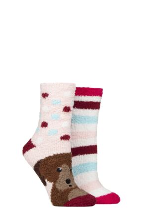 Ladies 2 Pair SOCKSHOP Wildfeet Cosy Lounge Socks with Anti-Slip Grips Dog / Stripes 4-8