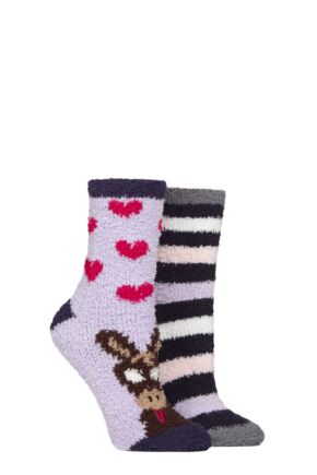 Ladies 2 Pair SOCKSHOP Wildfeet Cosy Lounge Socks with Anti-Slip Grips Donkey / Stripes 4-8